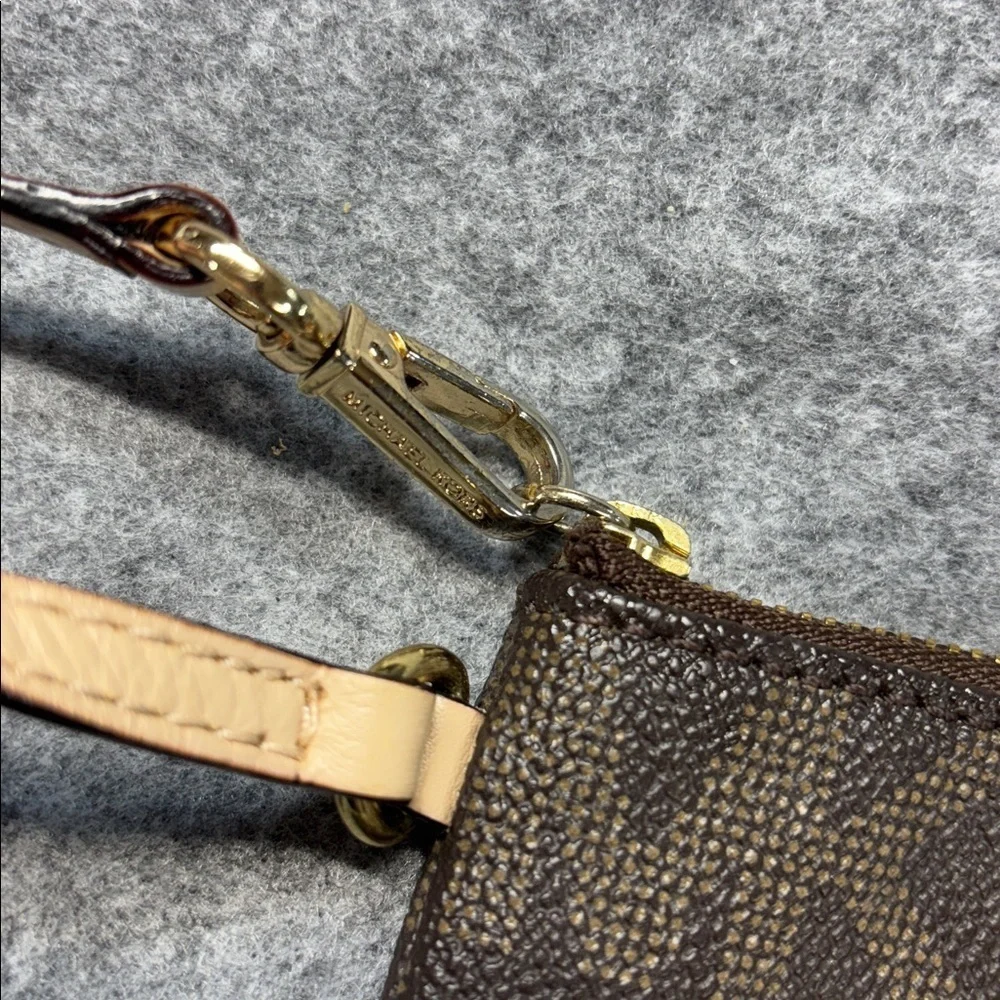 Michael Kors MK Brown Leather Wristlet Monogram Small Purse Mini Brown